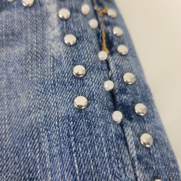 Leo Roma Juniors Jeans 7 Low Rise Capri Womens Studded Distressed Blue Denim - Picture 13 of 16